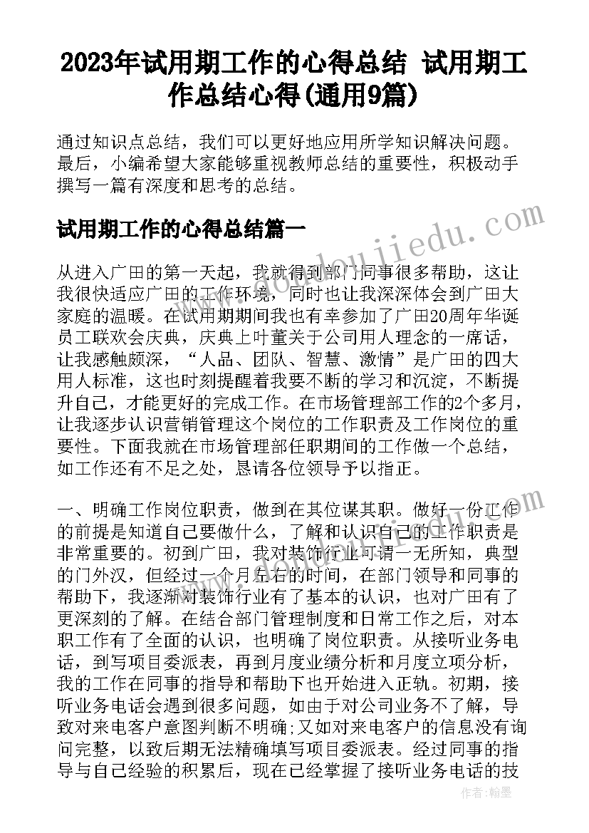 2023年试用期工作的心得总结 试用期工作总结心得(通用9篇)