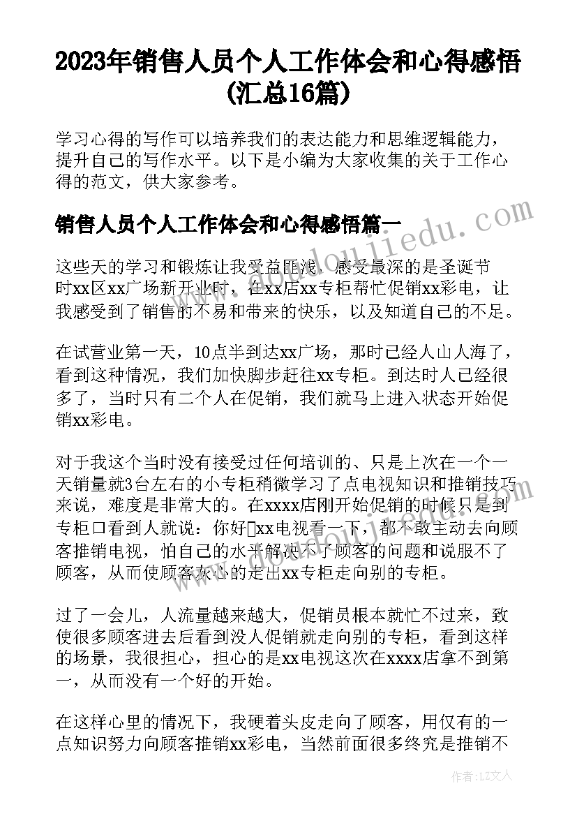 2023年销售人员个人工作体会和心得感悟(汇总16篇)