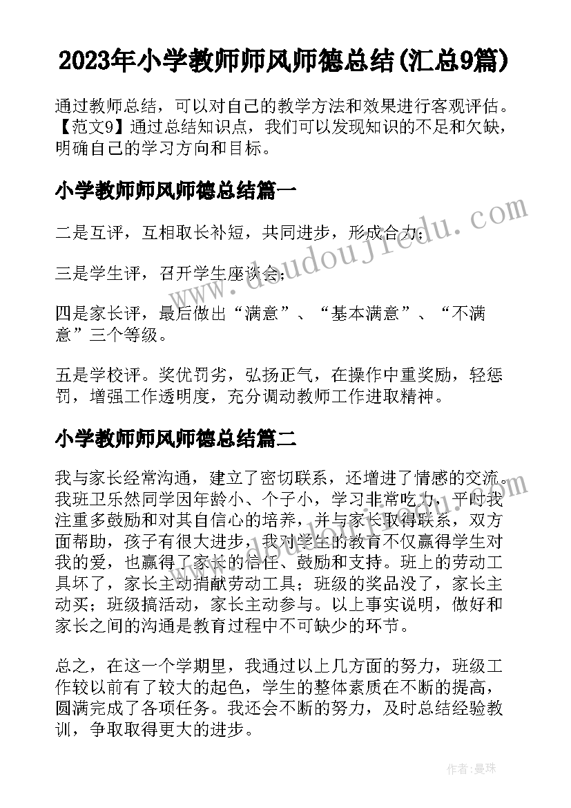 2023年小学教师师风师德总结(汇总9篇)