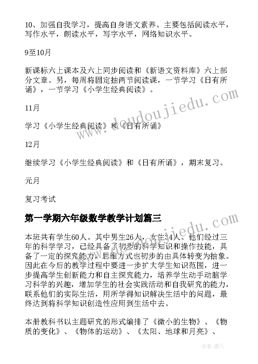 2023年第一学期六年级数学教学计划(模板16篇)