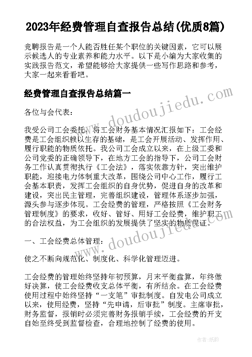 2023年经费管理自查报告总结(优质8篇)