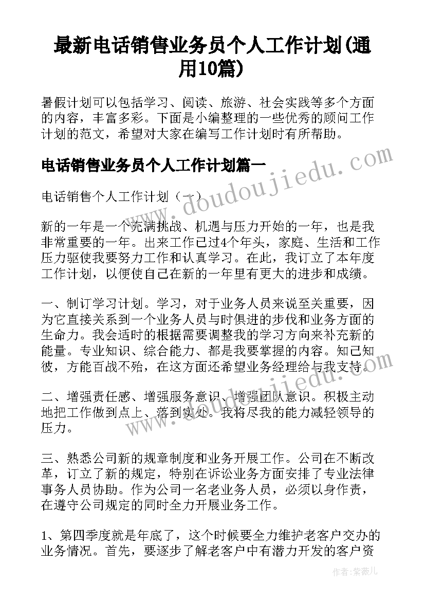 最新电话销售业务员个人工作计划(通用10篇)