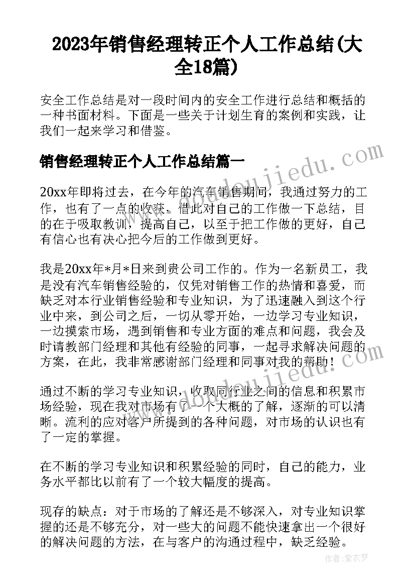 2023年销售经理转正个人工作总结(大全18篇)