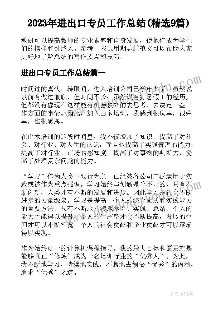 2023年进出口专员工作总结(精选9篇)