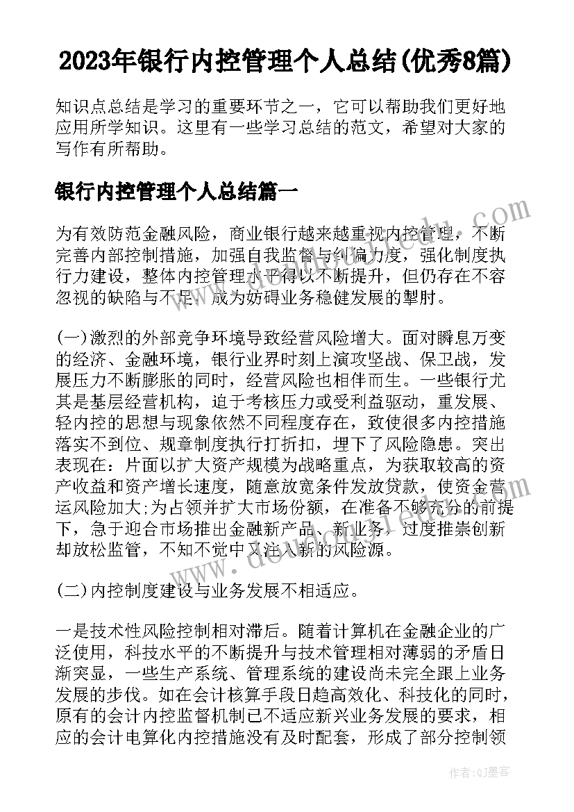 2023年银行内控管理个人总结(优秀8篇)