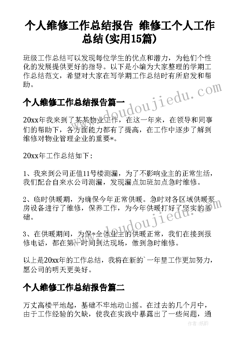 个人维修工作总结报告 维修工个人工作总结(实用15篇)