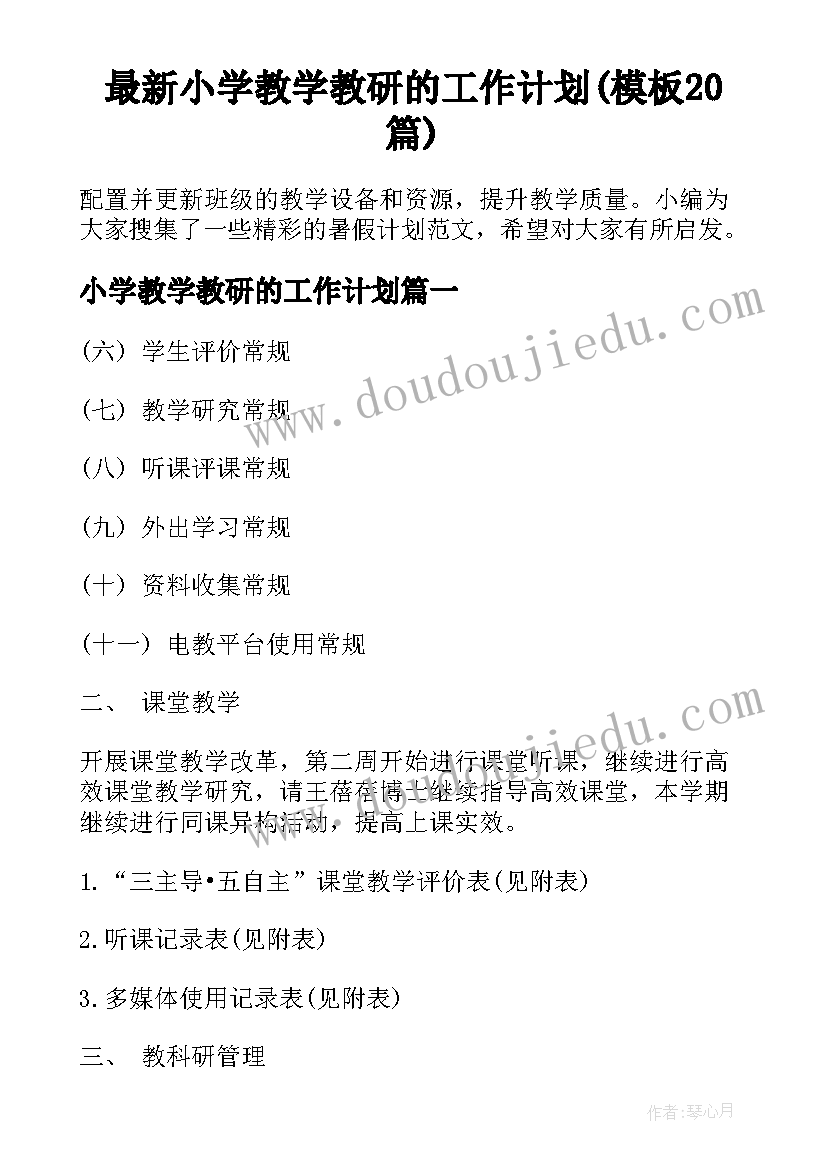 最新小学教学教研的工作计划(模板20篇)