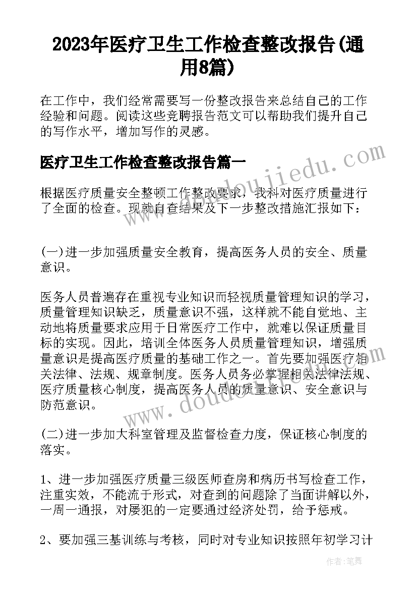 2023年医疗卫生工作检查整改报告(通用8篇)