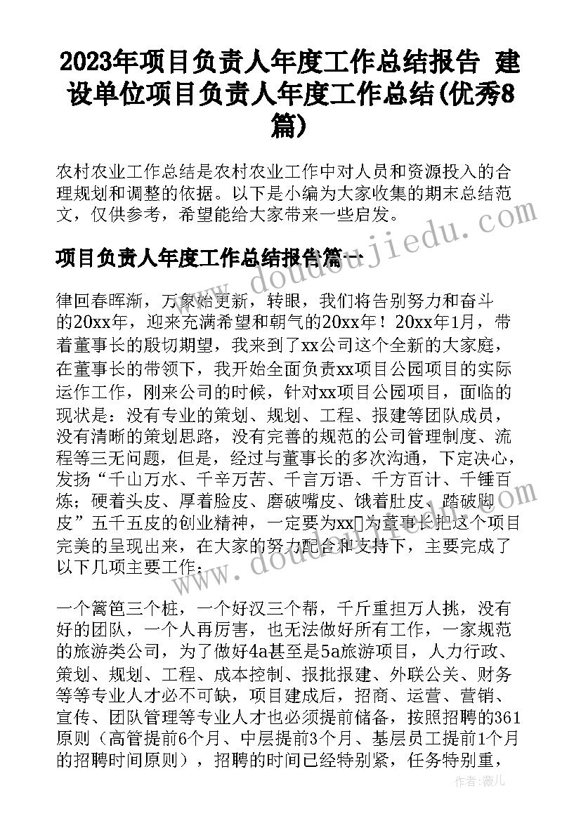 2023年项目负责人年度工作总结报告 建设单位项目负责人年度工作总结(优秀8篇)