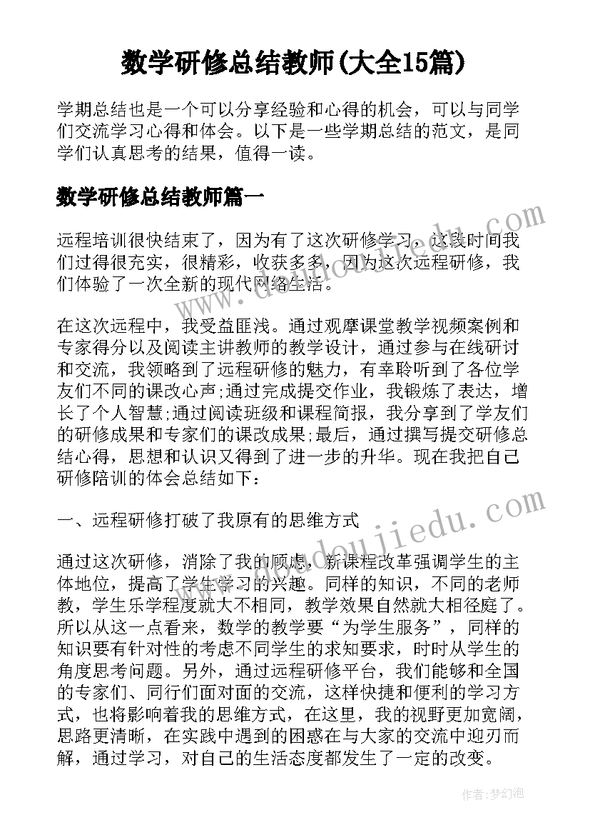 数学研修总结教师(大全15篇)