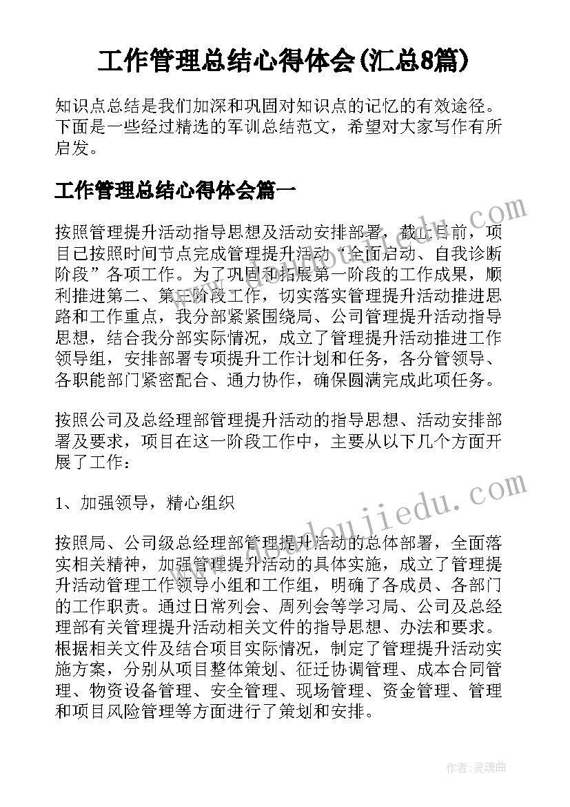 工作管理总结心得体会(汇总8篇)