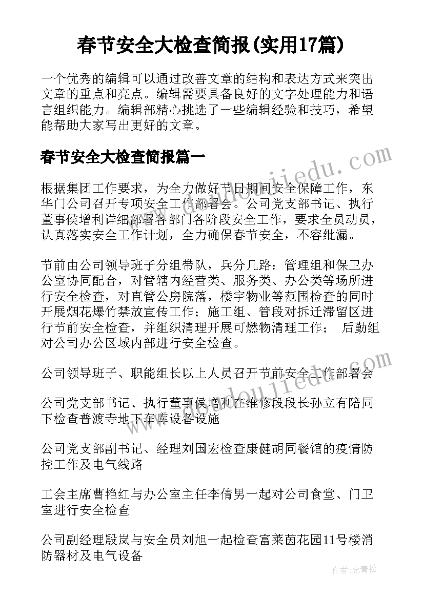 春节安全大检查简报(实用17篇)