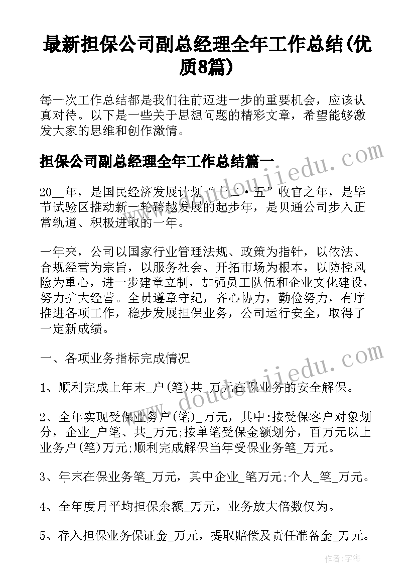 最新担保公司副总经理全年工作总结(优质8篇)