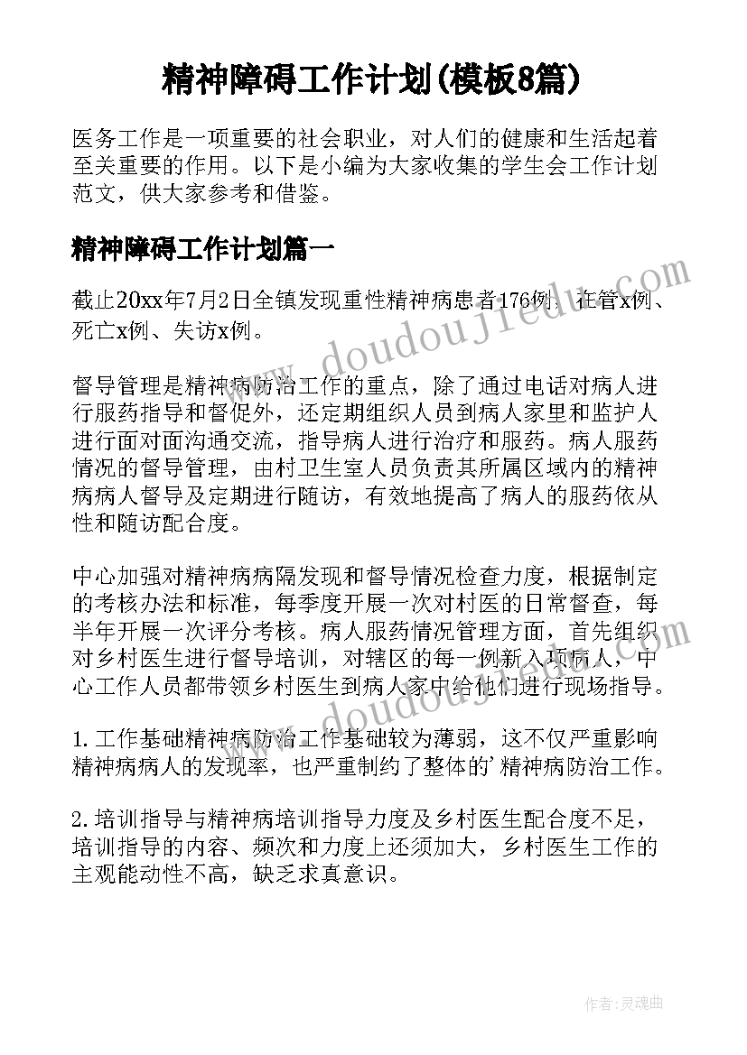 精神障碍工作计划(模板8篇)