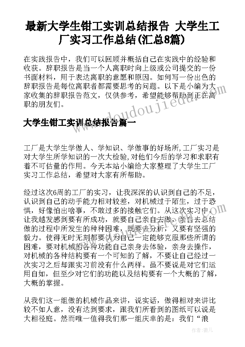 最新大学生钳工实训总结报告 大学生工厂实习工作总结(汇总8篇)