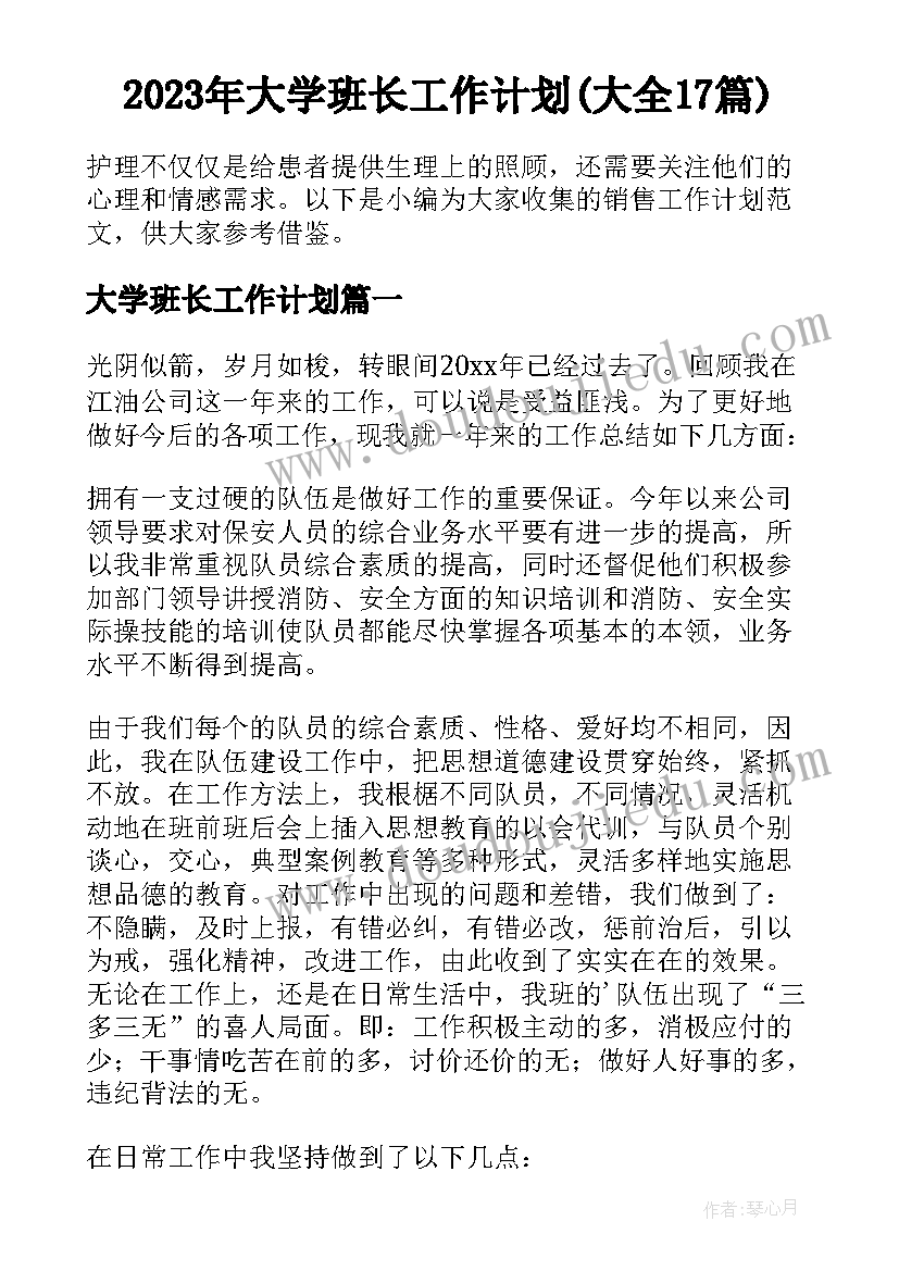 2023年大学班长工作计划(大全17篇)