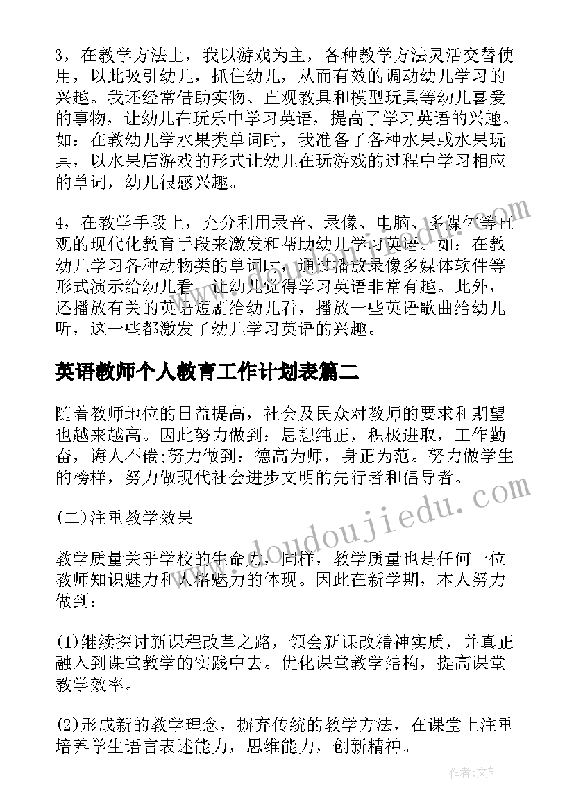 2023年英语教师个人教育工作计划表 英语教师个人工作计划(模板12篇)