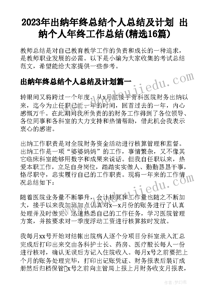 2023年出纳年终总结个人总结及计划 出纳个人年终工作总结(精选16篇)