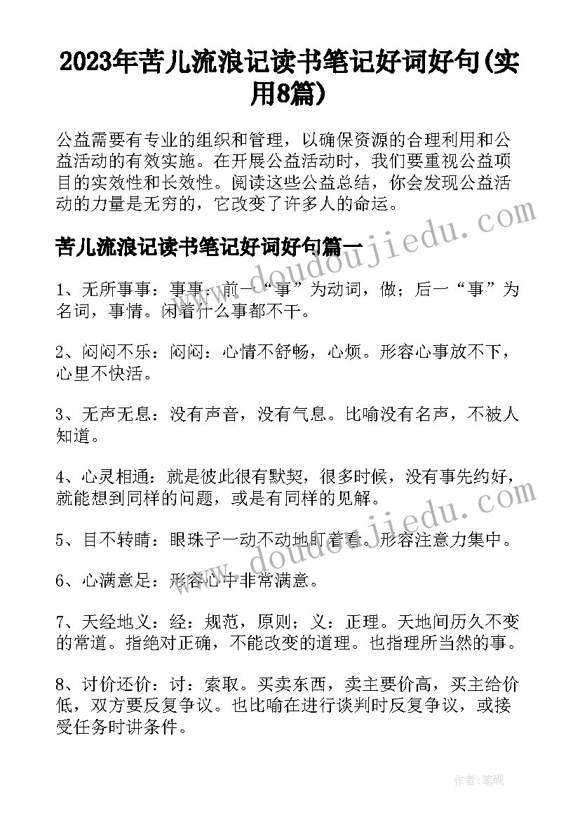 2023年苦儿流浪记读书笔记好词好句(实用8篇)