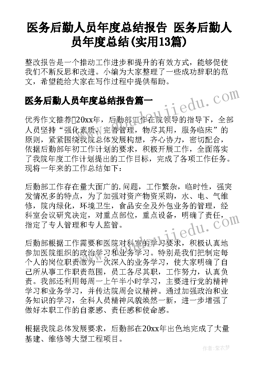 医务后勤人员年度总结报告 医务后勤人员年度总结(实用13篇)