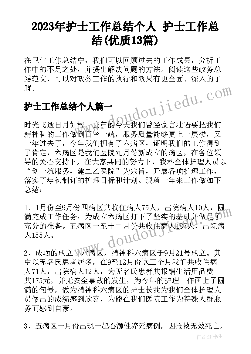 2023年护士工作总结个人 护士工作总结(优质13篇)