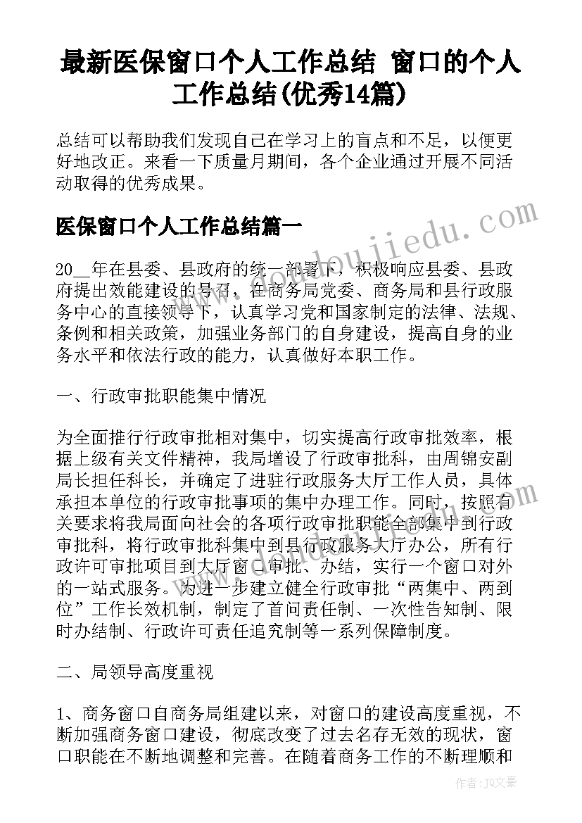 最新医保窗口个人工作总结 窗口的个人工作总结(优秀14篇)