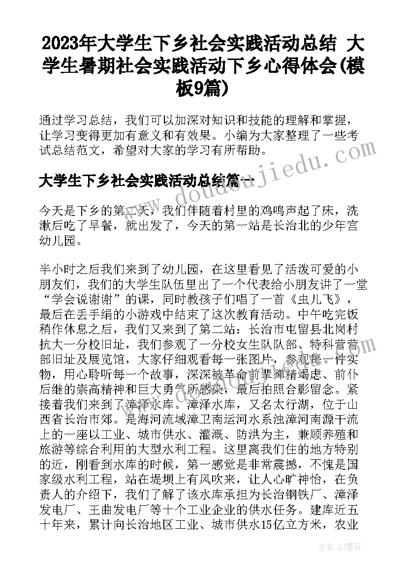 2023年大学生下乡社会实践活动总结 大学生暑期社会实践活动下乡心得体会(模板9篇)