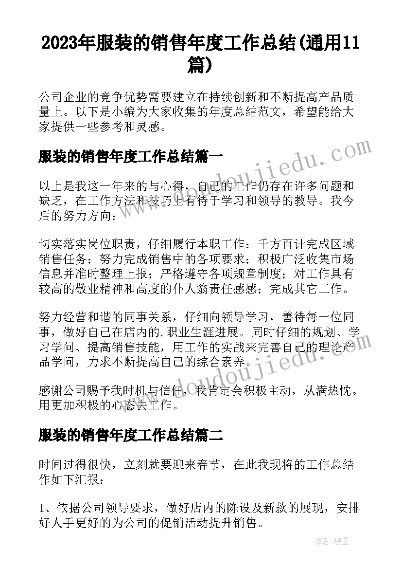 2023年服装的销售年度工作总结(通用11篇)