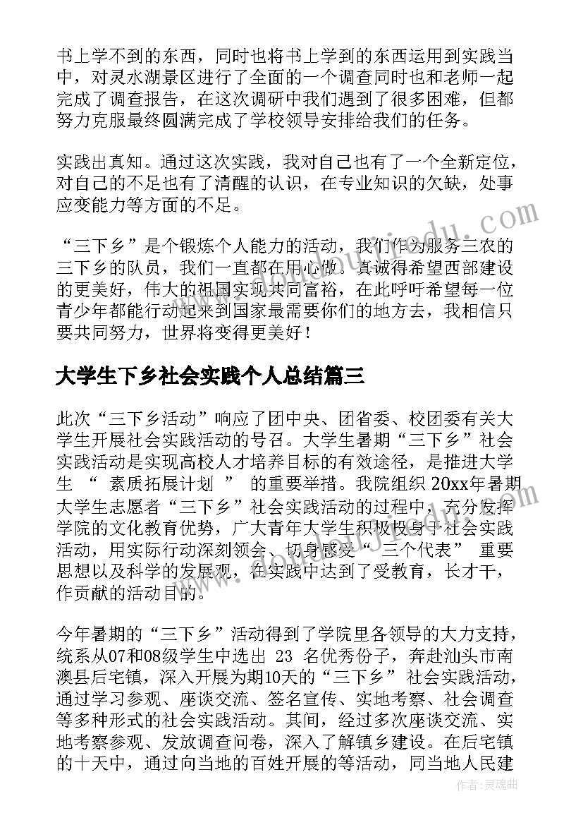 2023年大学生下乡社会实践个人总结 三下乡社会实践活动总结(模板18篇)