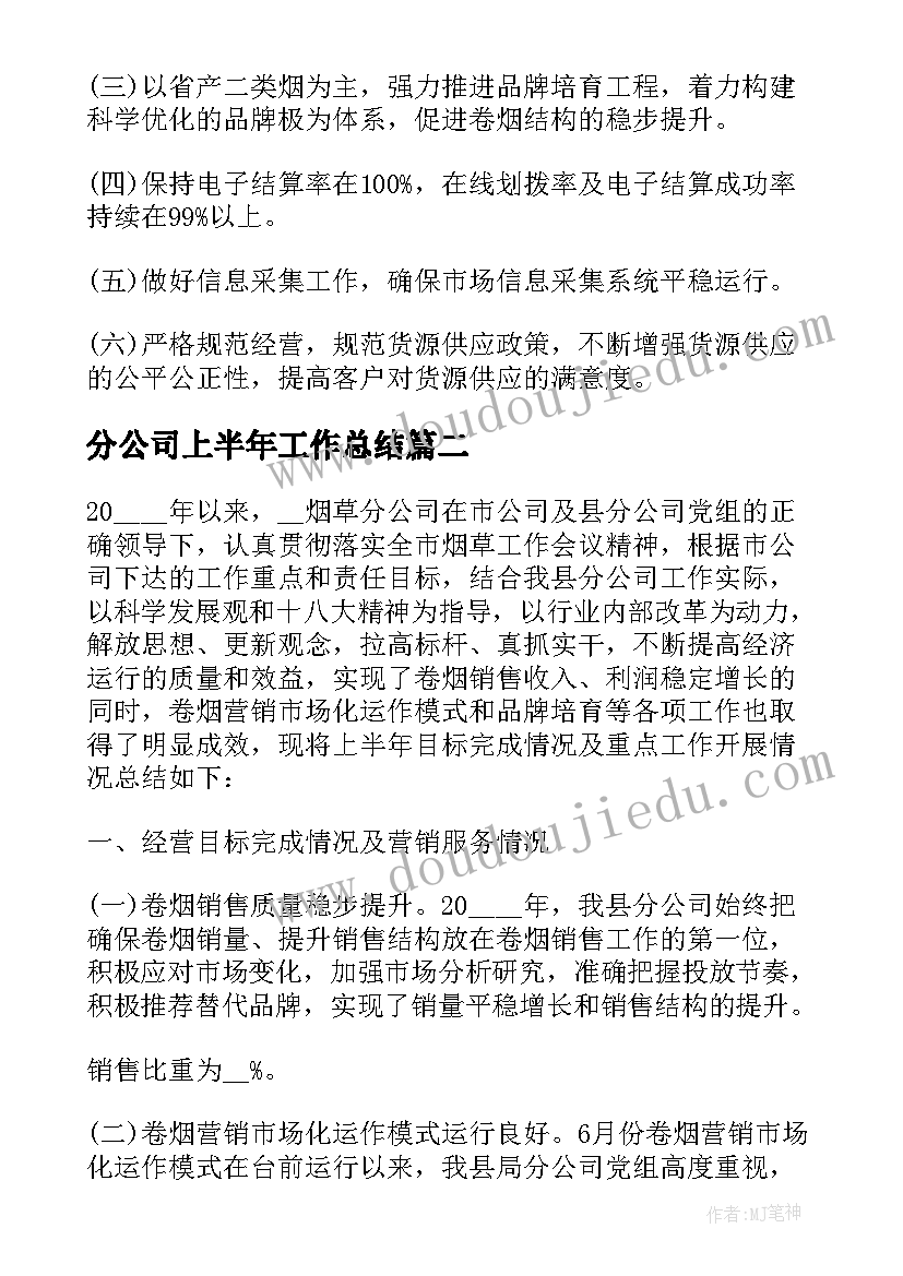 分公司上半年工作总结(大全8篇)