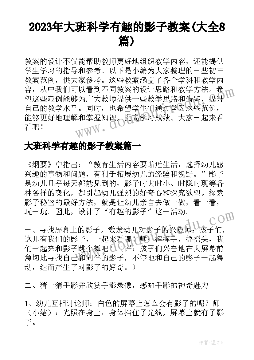 2023年大班科学有趣的影子教案(大全8篇)