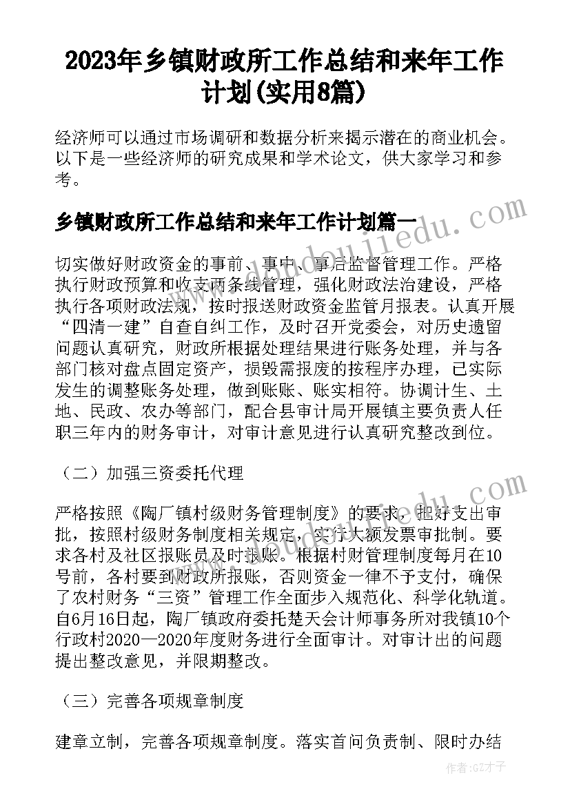 2023年乡镇财政所工作总结和来年工作计划(实用8篇)