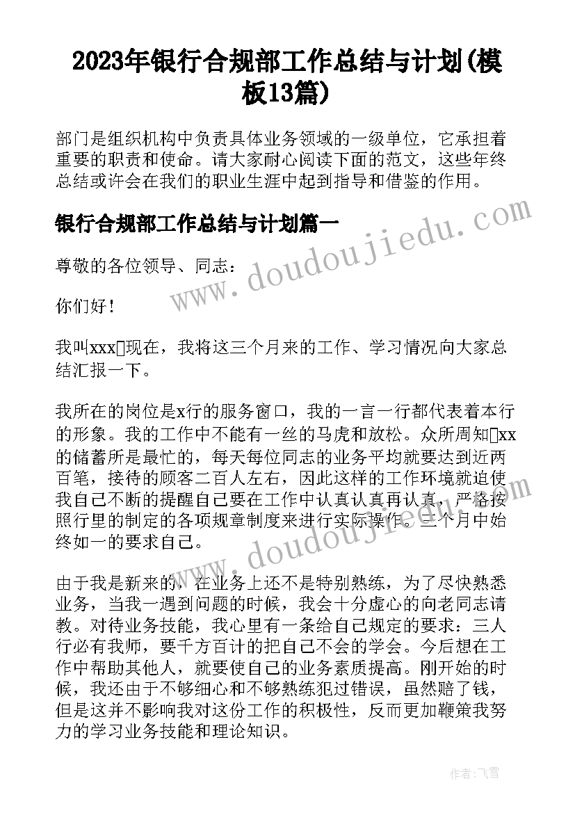 2023年银行合规部工作总结与计划(模板13篇)