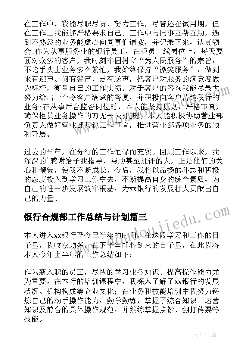 2023年银行合规部工作总结与计划(模板13篇)