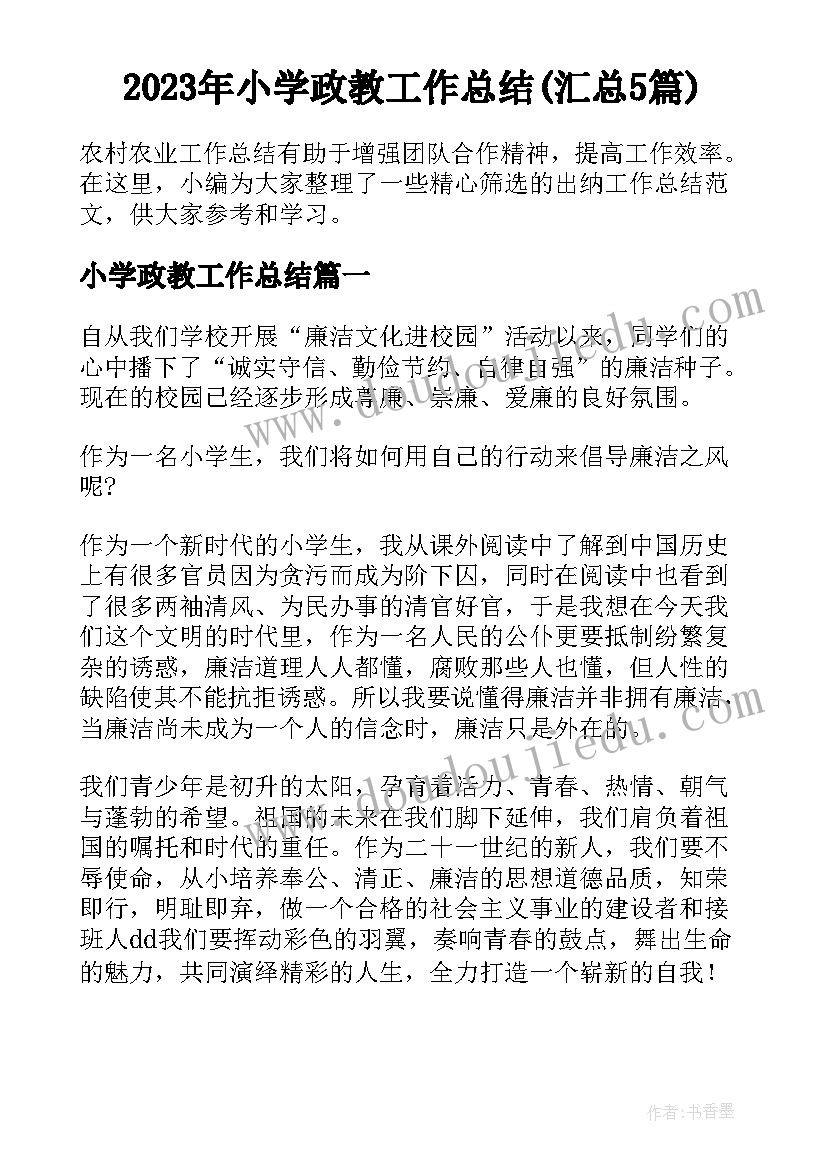 2023年小学政教工作总结(汇总5篇)