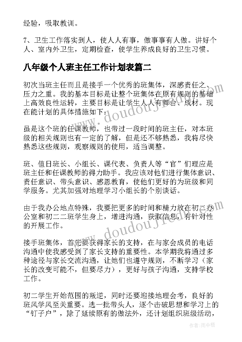 最新八年级个人班主任工作计划表 八年级个人的班主任工作计划(汇总15篇)