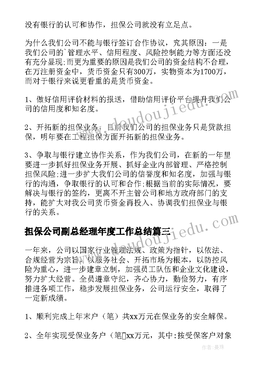 2023年担保公司副总经理年度工作总结(汇总13篇)