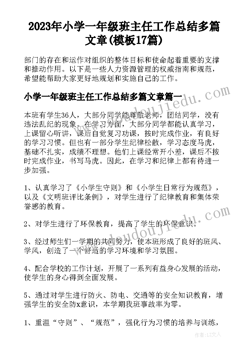 2023年小学一年级班主任工作总结多篇文章(模板17篇)