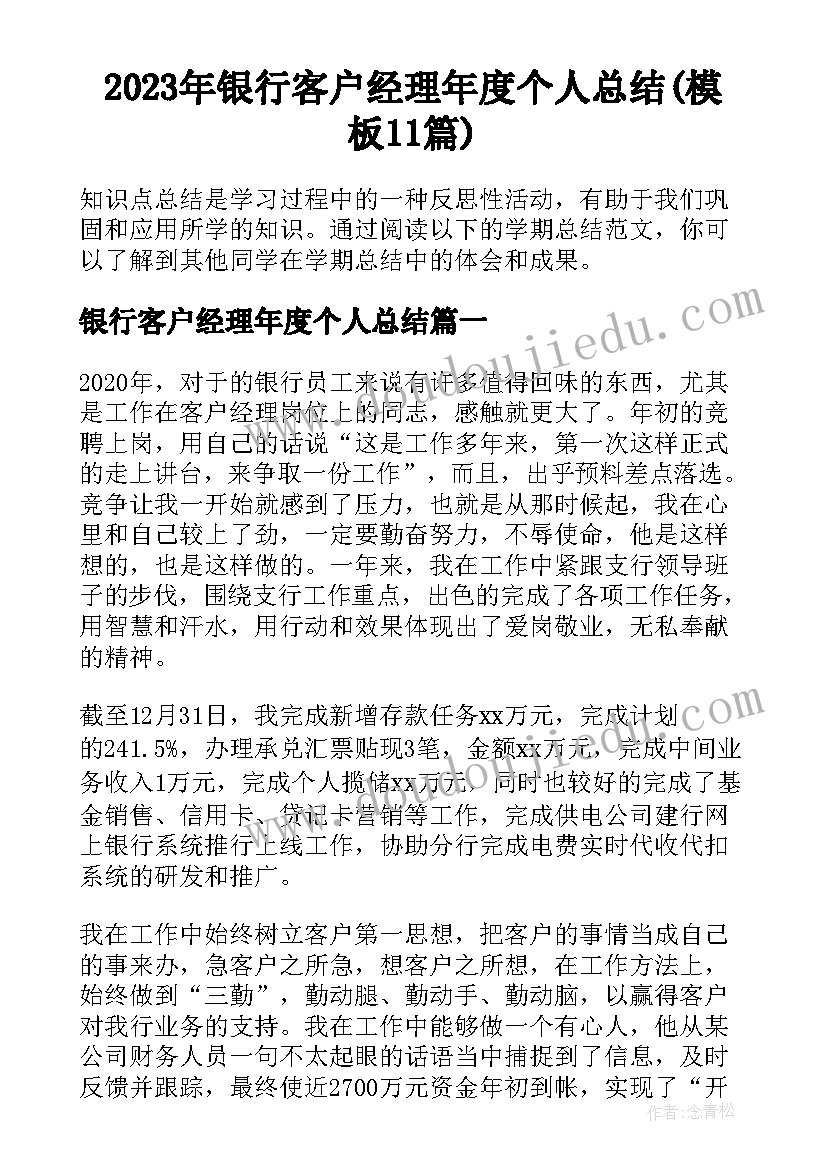 2023年银行客户经理年度个人总结(模板11篇)