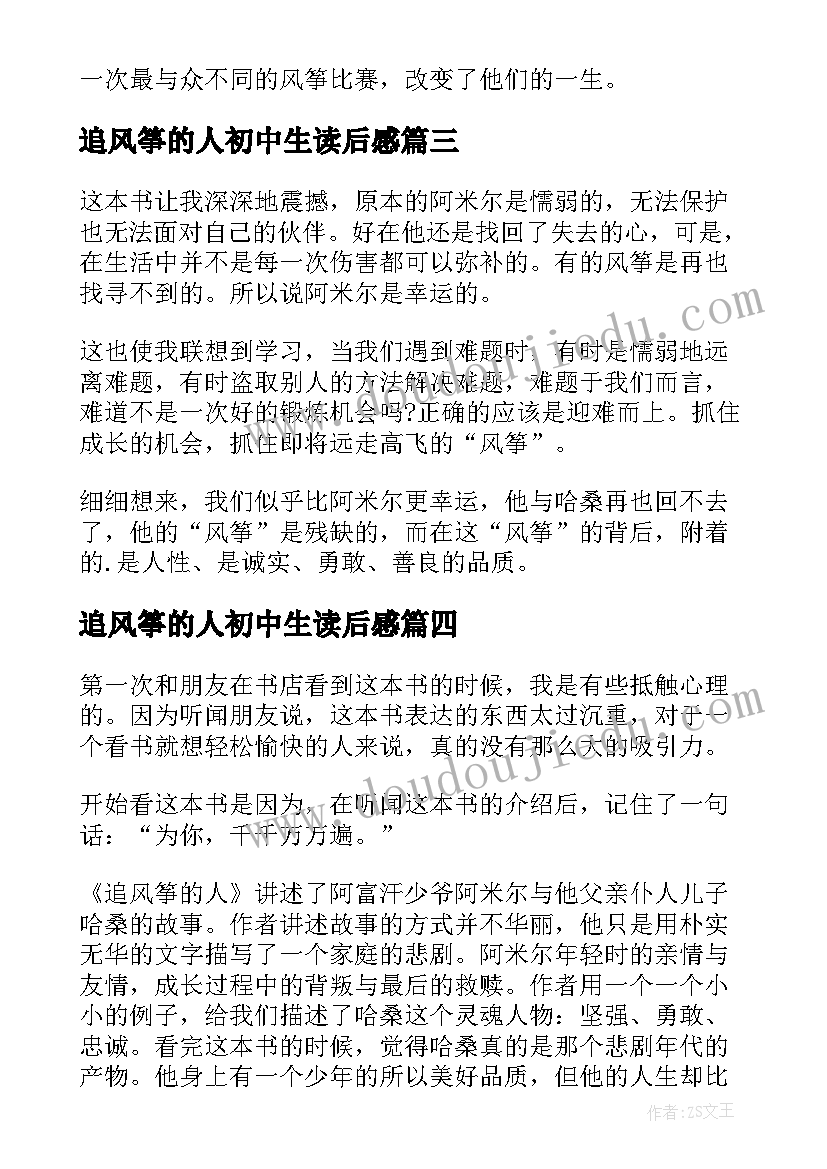 追风筝的人初中生读后感 追风筝的人中学生读后感(实用8篇)