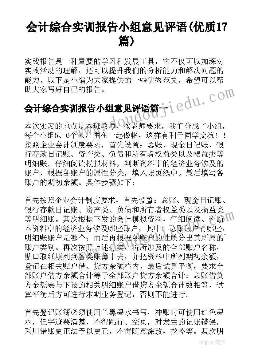 会计综合实训报告小组意见评语(优质17篇)