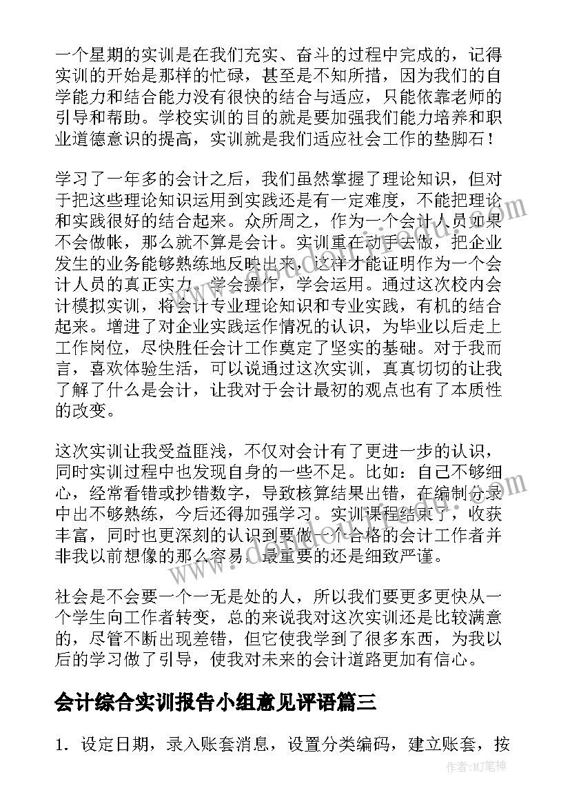 会计综合实训报告小组意见评语(优质17篇)