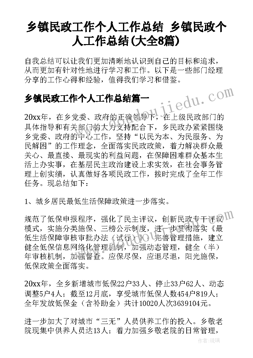 乡镇民政工作个人工作总结 乡镇民政个人工作总结(大全8篇)