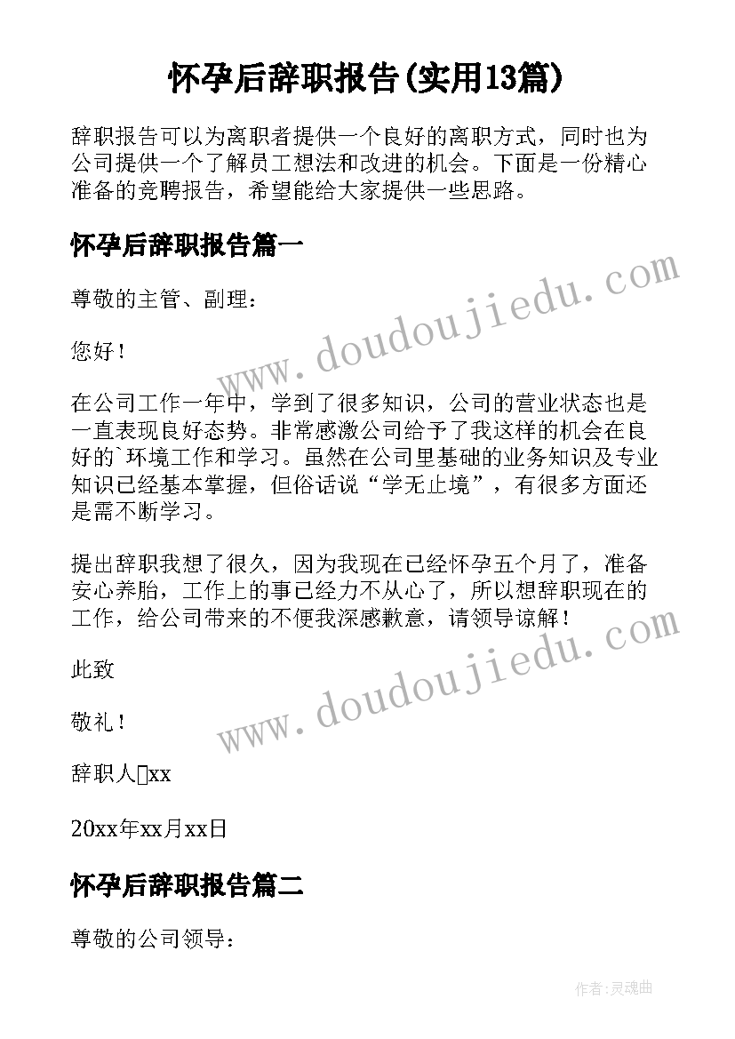 怀孕后辞职报告(实用13篇)