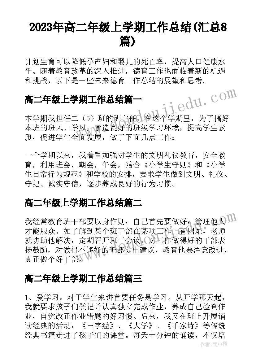 2023年高二年级上学期工作总结(汇总8篇)