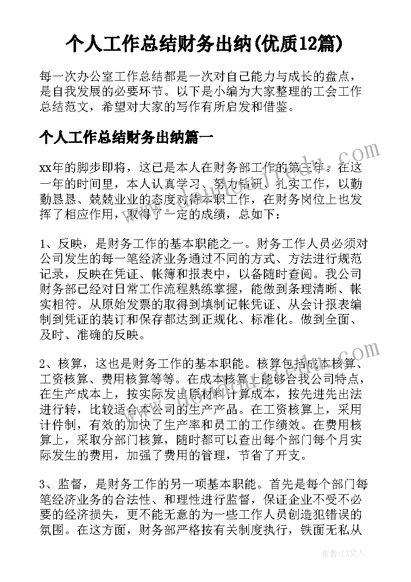 个人工作总结财务出纳(优质12篇)