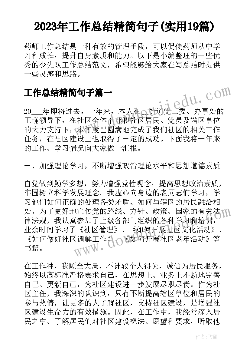 2023年工作总结精简句子(实用19篇)