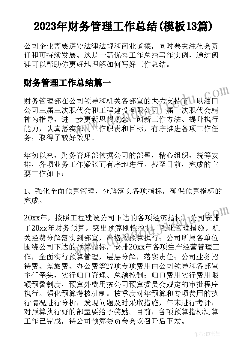 2023年财务管理工作总结(模板13篇)