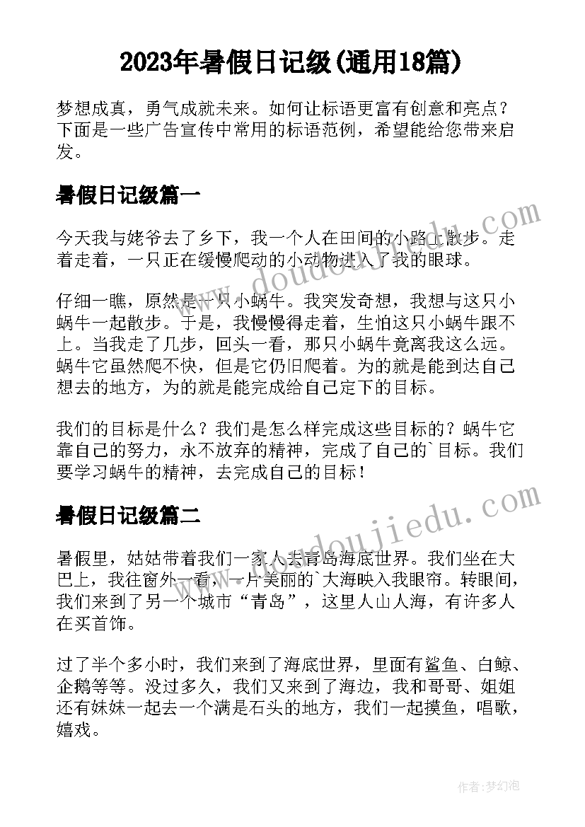 2023年暑假日记级(通用18篇)