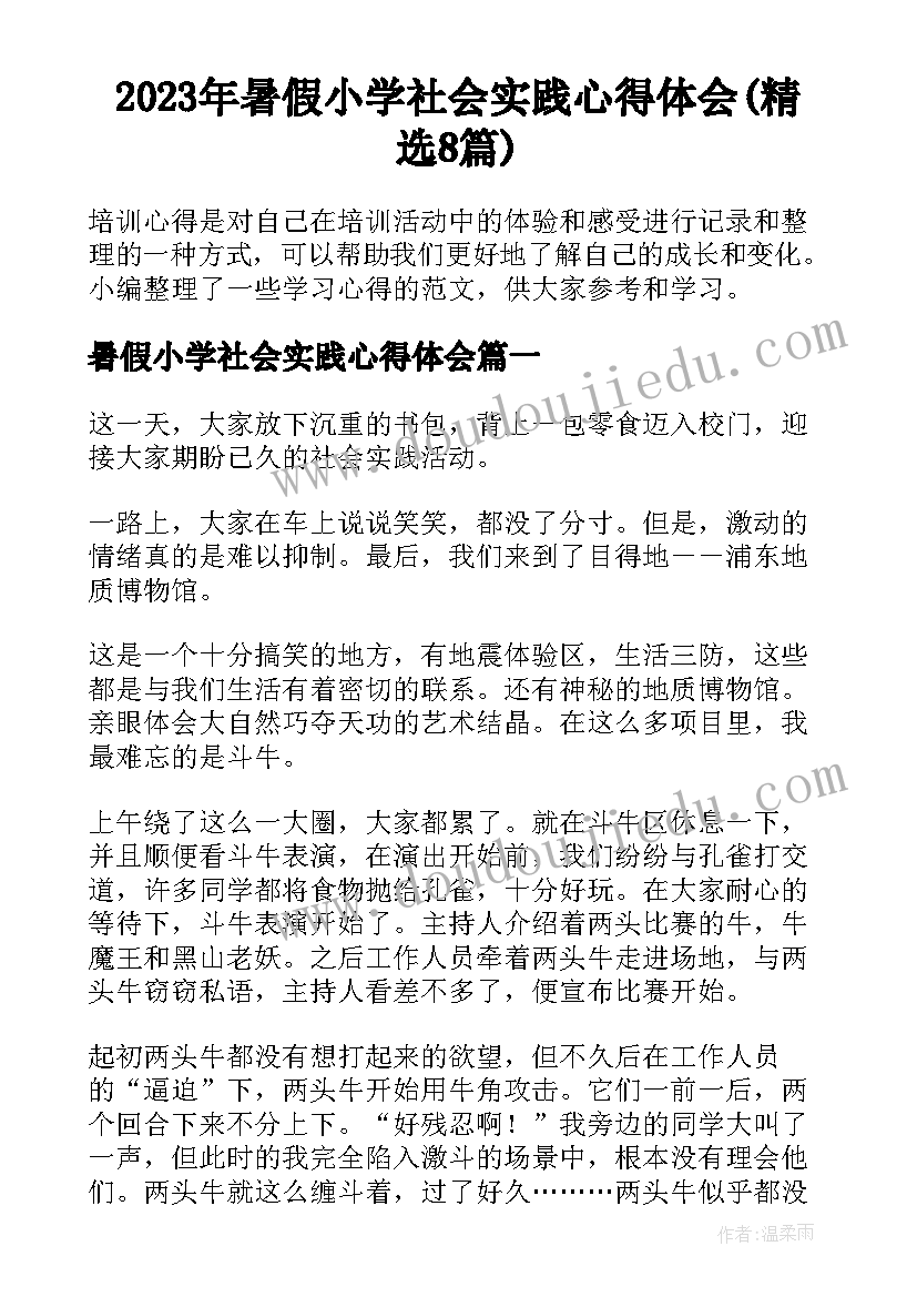 2023年暑假小学社会实践心得体会(精选8篇)